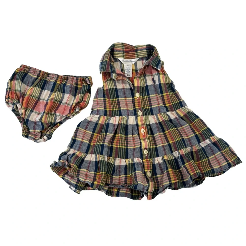 Ralph Lauren Plaid Preppy Shirtdress Baby 3M Multicolor Tiered Ruffle Cotton